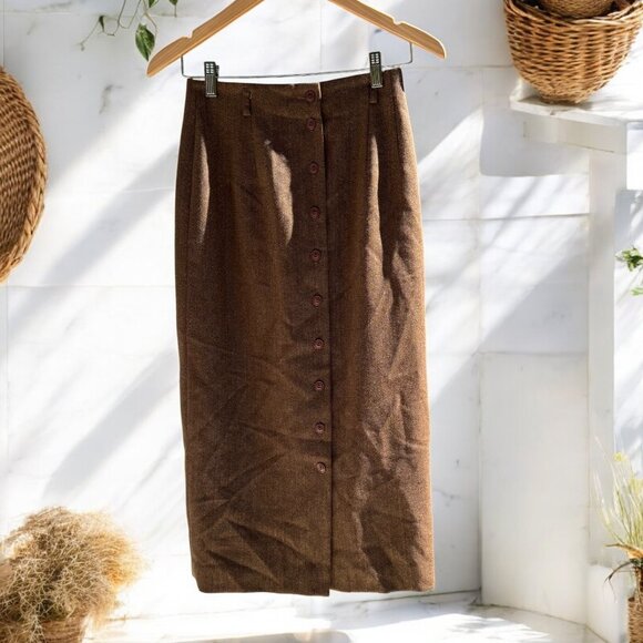 Talbots Vintage Heather Brown Wool Midi Pencil Skirt Button Down Size 4 Petite - Picture 11 of 11